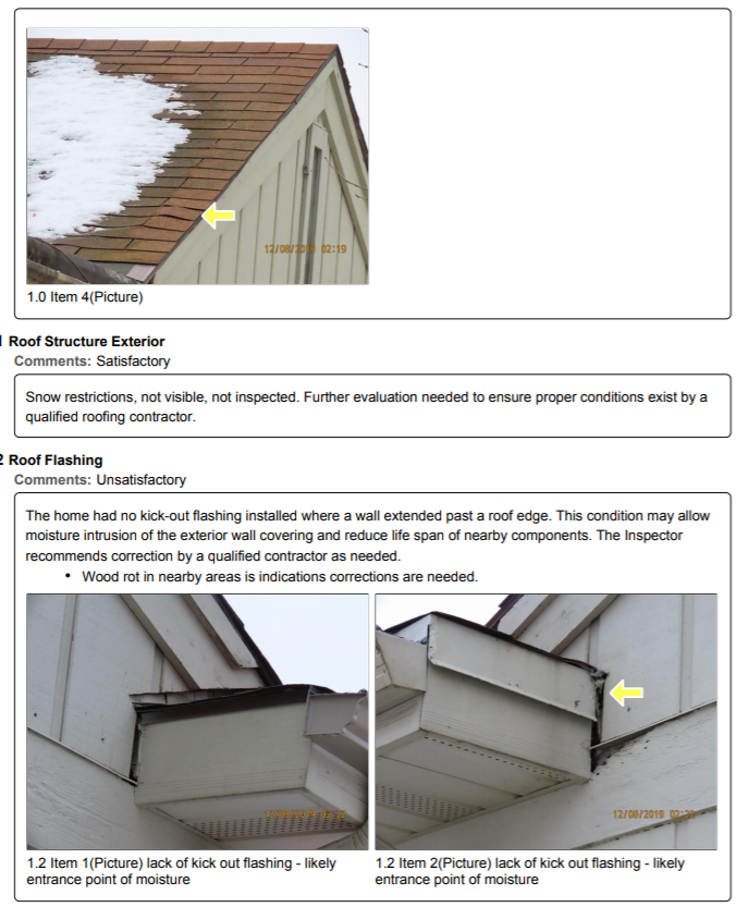 Sample inspection report — roof condition findings and recommendations