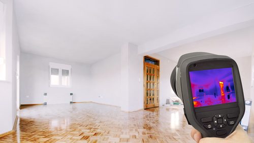 FLIR thermal imaging camera detecting heat loss and moisture in a Mankato home
